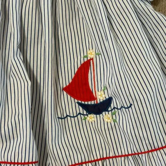 Smocked Sailboat Dress 2T Nautical Peter Pan Collar - Picture 2 of 9
